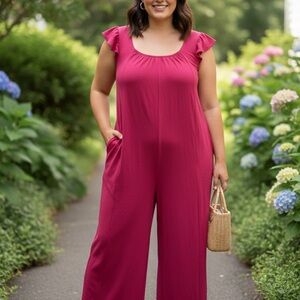 💘NWT Zesica Fuschia Ruffle Sleeve Jumpsuit with Pockets | XL comfortable fit!